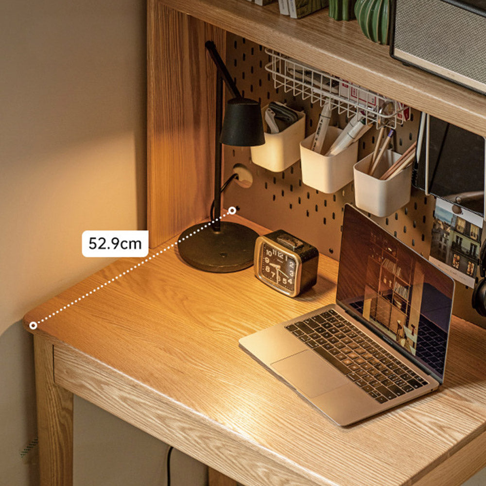 Monte natural solid oak desk with hutch featuring pegboard, shelves, and compact design