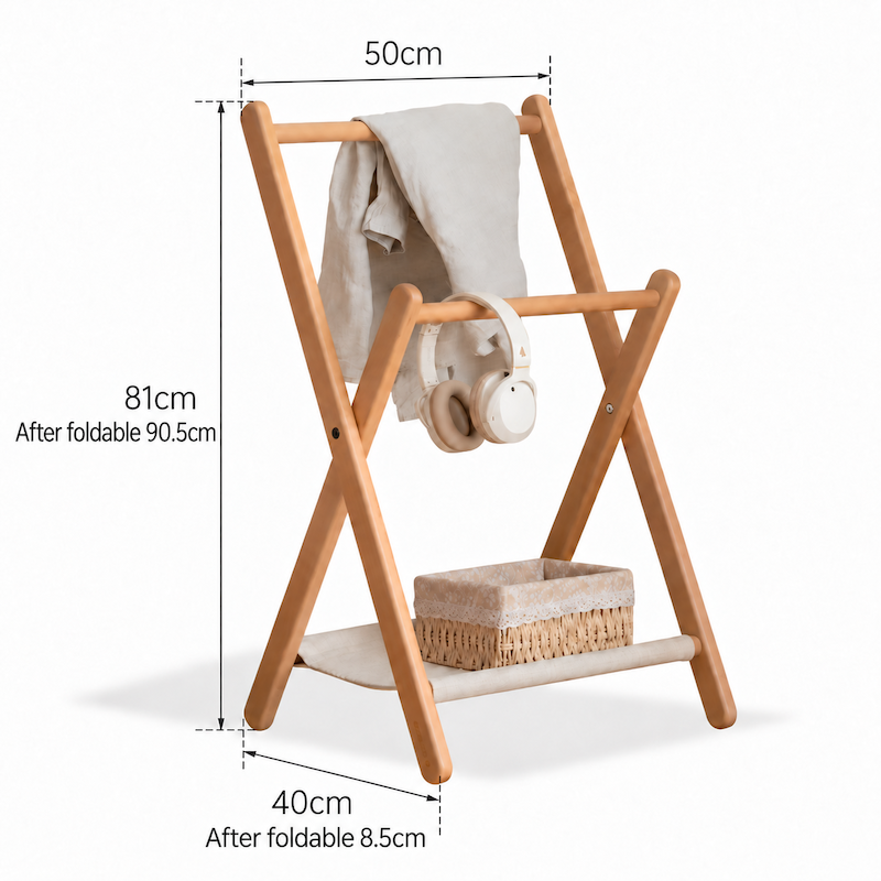 Naila 50 cm natural solid beech folding coat rack dimension guide