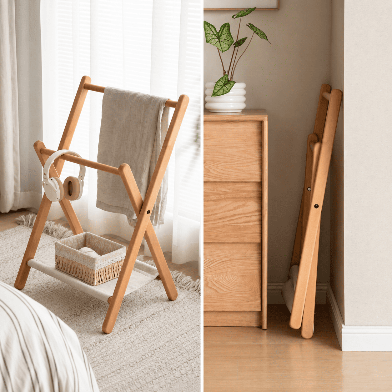 Naila foldable natural beech coat rack shown open and folded for space saving storage