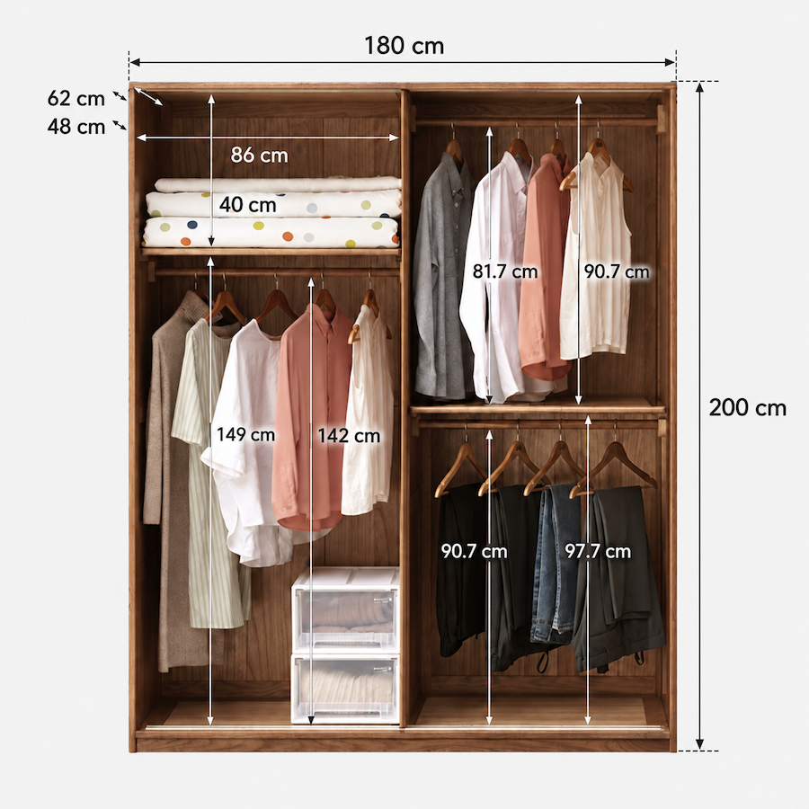 Neath wardrobe internal dimension guide with hanging space, shelves and storage compartments