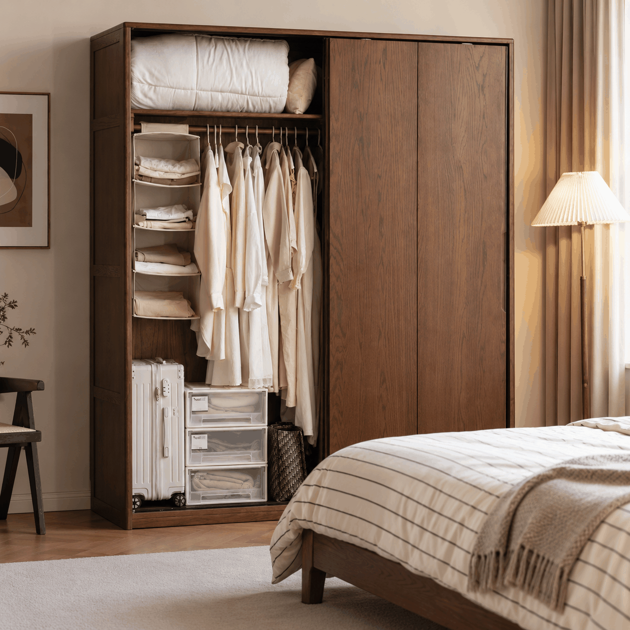 Neath solid oak sliding door wardrobe with open storage for hanging clothes and bedding