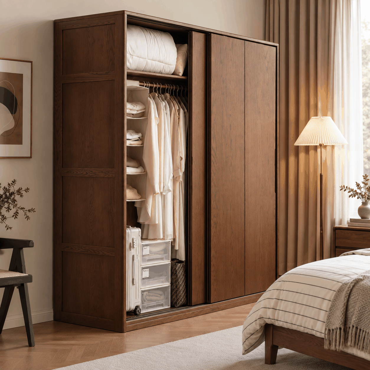 Neath solid oak wardrobe showing open hanging rail, shelves and storage boxes