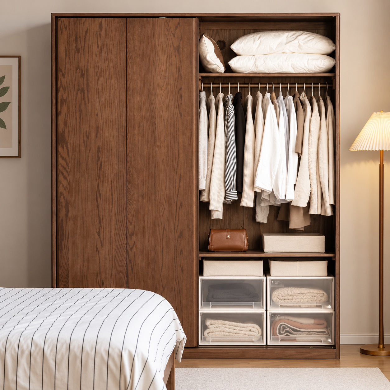 Neath walnut colour sliding wardrobe with spacious internal clothing storage layout