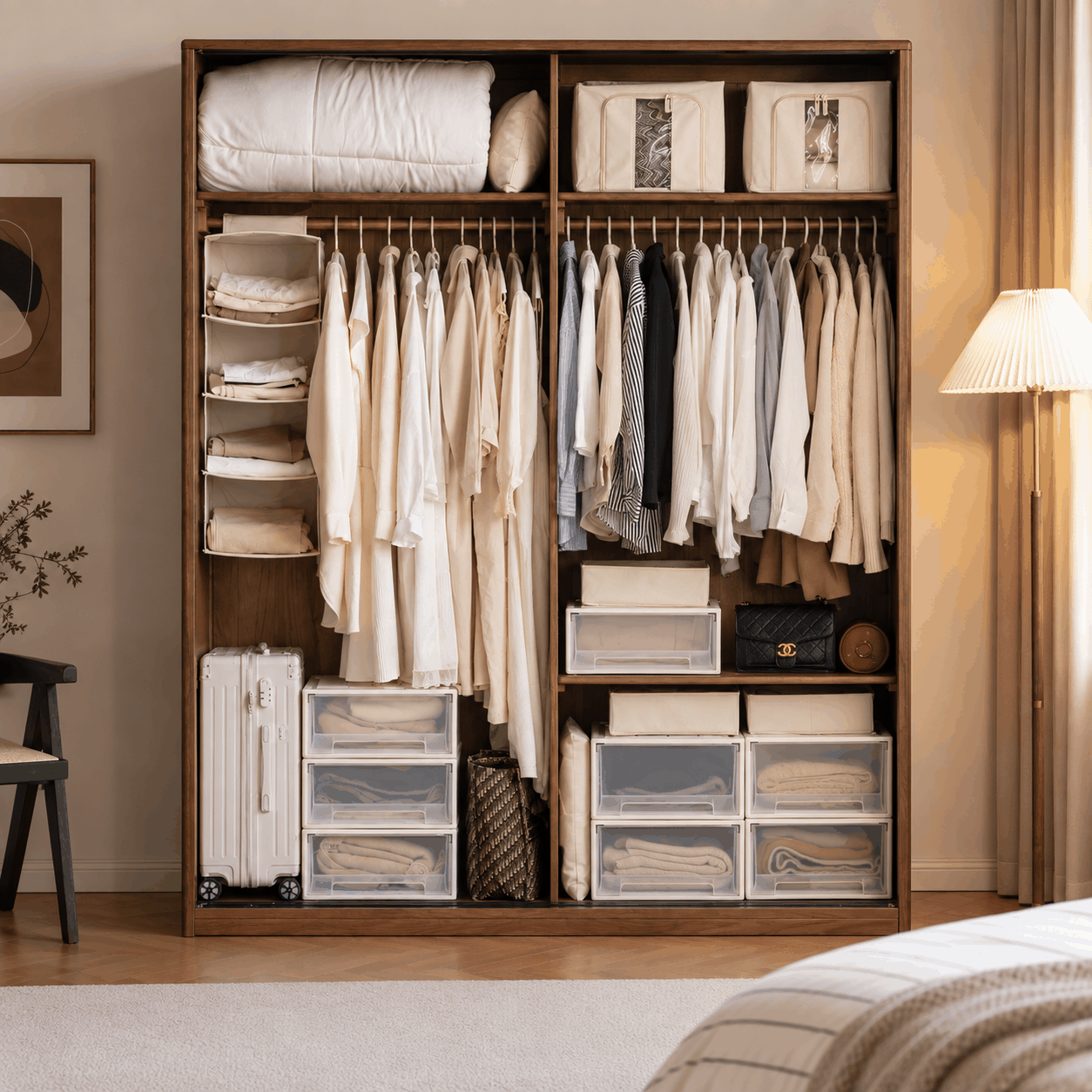 Neath solid oak wardrobe fully open with hanging rails, shelves and drawer organisers