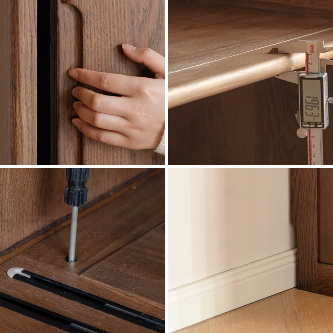 Close-up details of Neath solid oak wardrobe handle, hanging rail and sliding door hardware