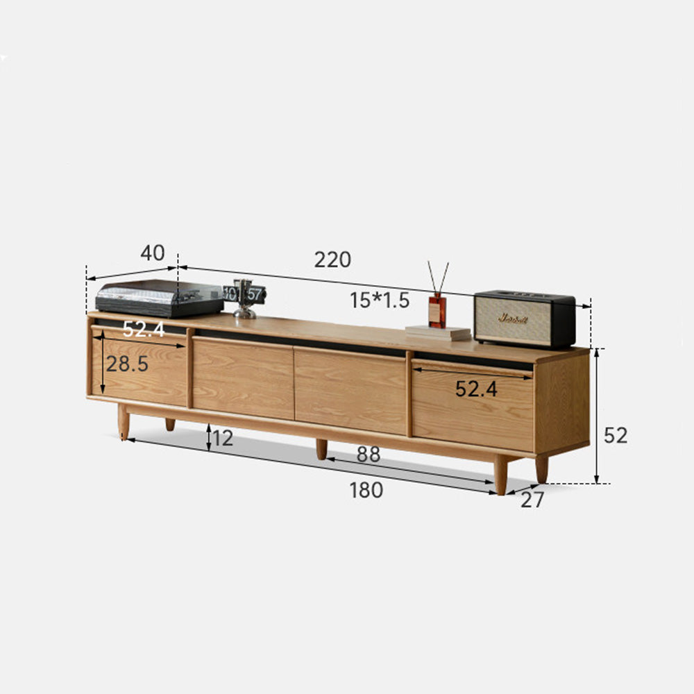 Aurin solid cherry floor standing entertainment unit with built-in LED display, glass sliding-door cabinet, two side drawers and a wide bottom drawer, styled under a wall-mounted TV.