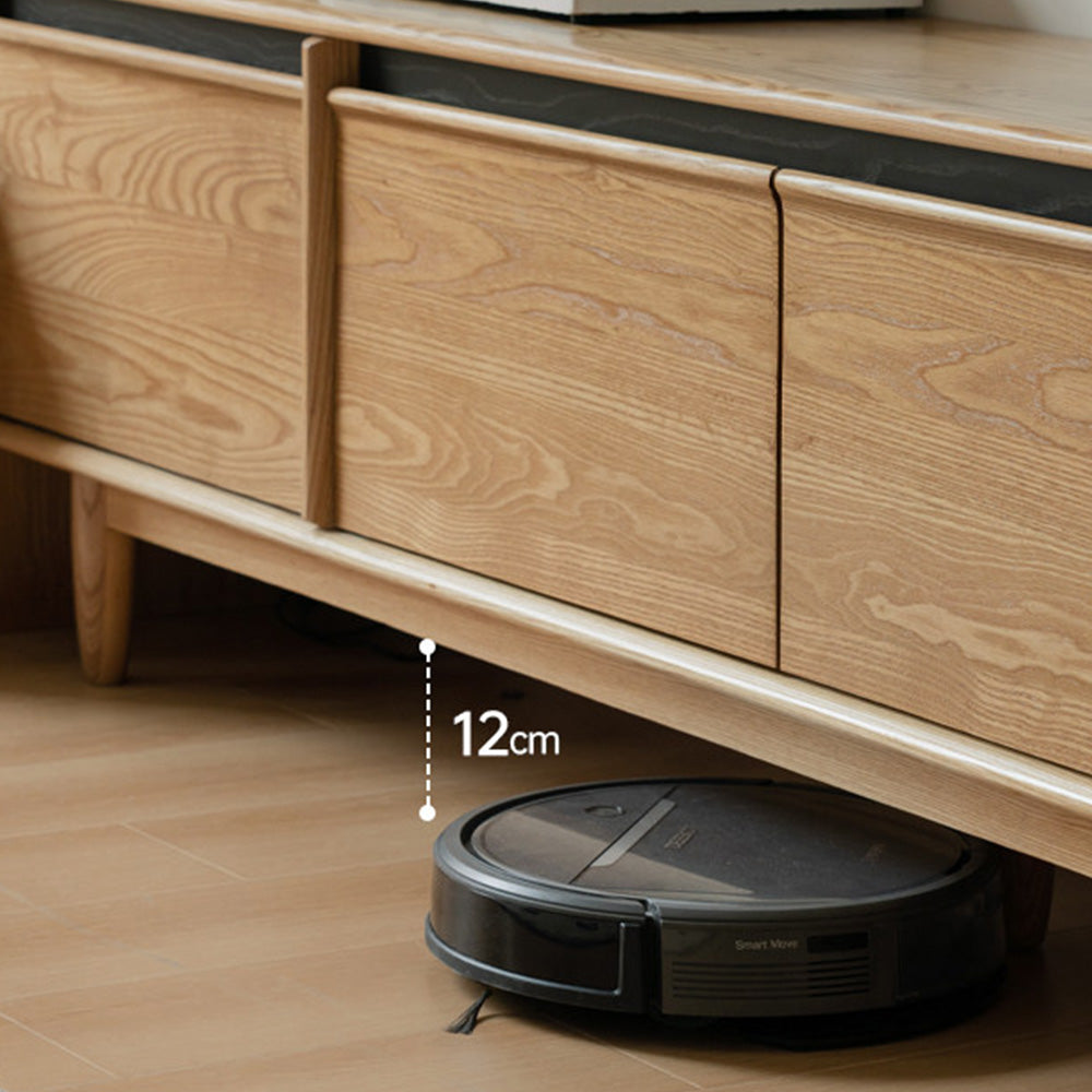 Aurin solid cherry floor standing entertainment unit with built-in LED display, glass sliding-door cabinet, two side drawers and a wide bottom drawer, styled under a wall-mounted TV.