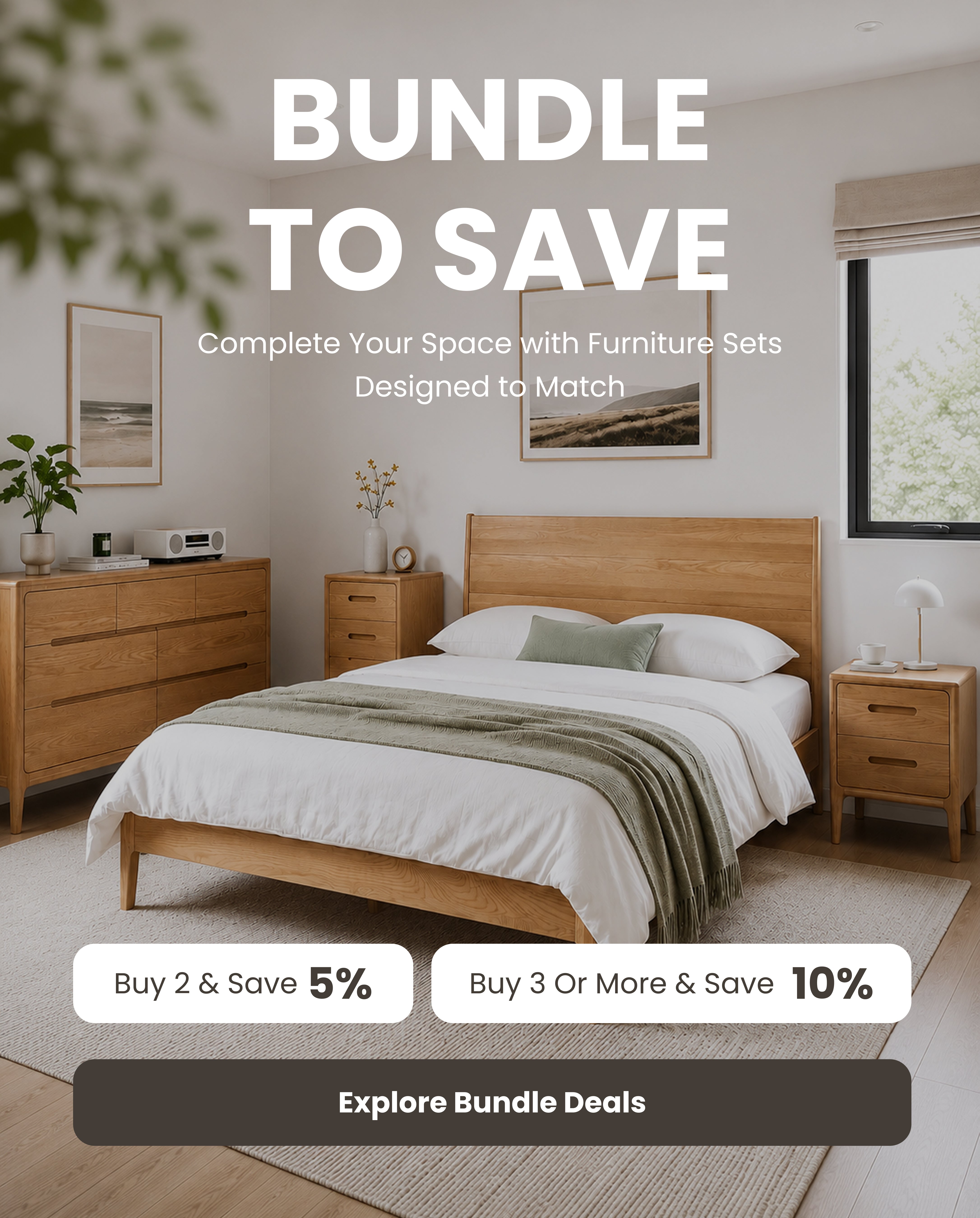 Natural oak bedroom furniture bundle featuring a bed, bedside tables and matching storage at Oak Furniture Store New Zealand.