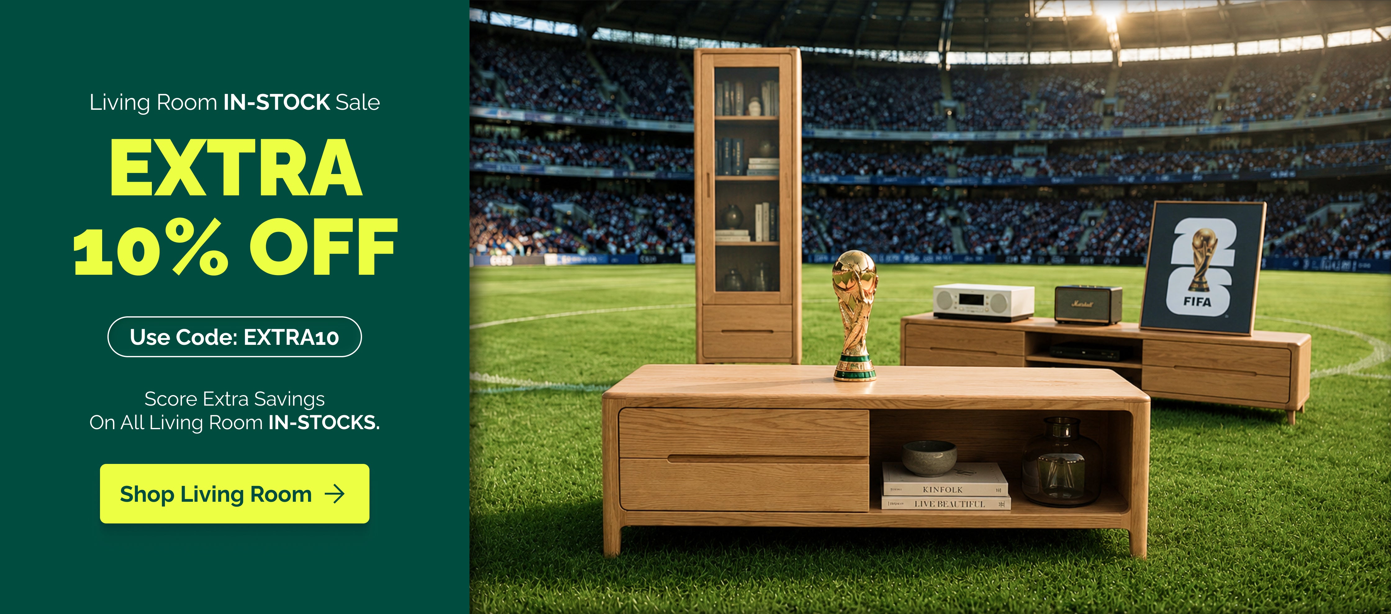 Oak Furniture Store living room sale featuring EXTRA10 savings on wooden living room furniture including a coffee table, TV unit and display cabinet