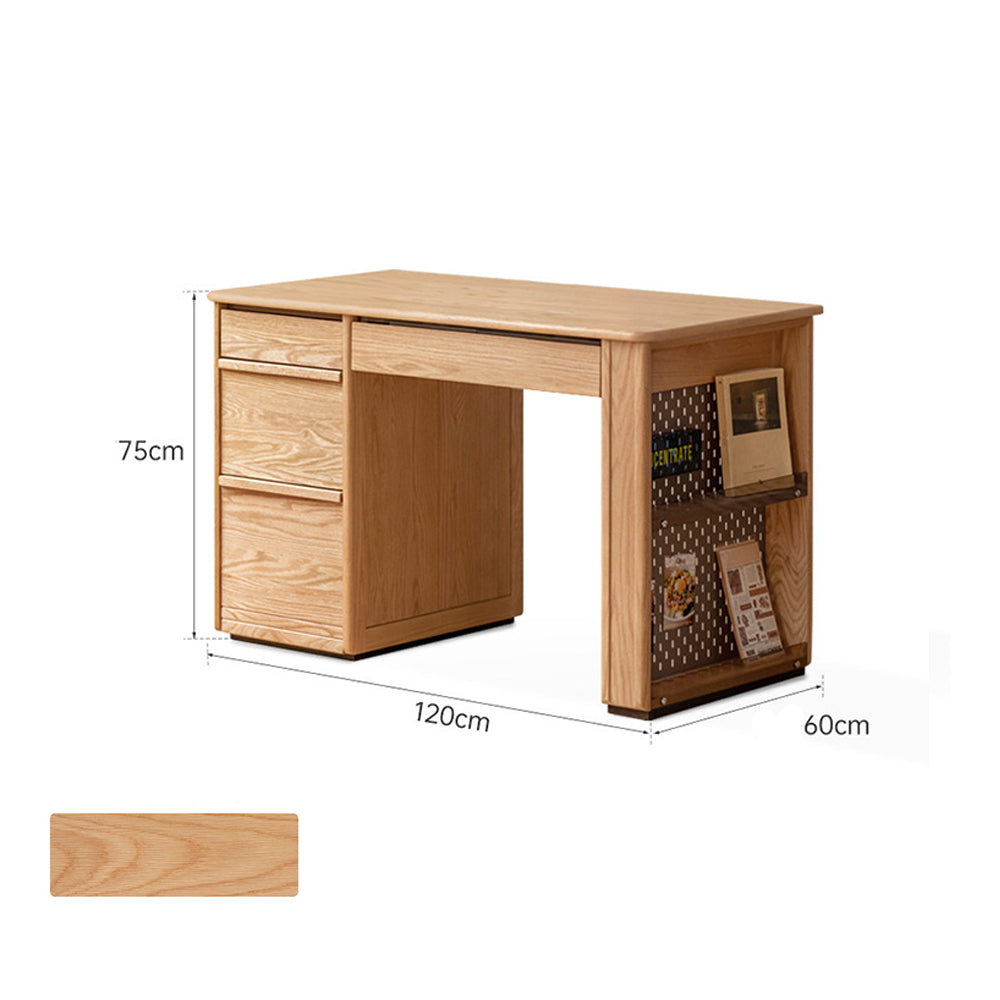 Oliveri solid oak study desk with drawers and side magazine rack.