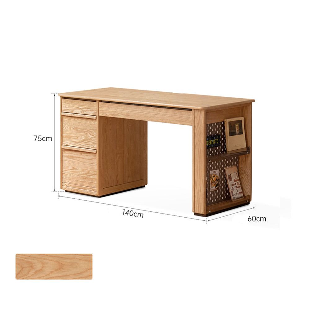 Oliveri solid oak study desk with drawers and side magazine rack.