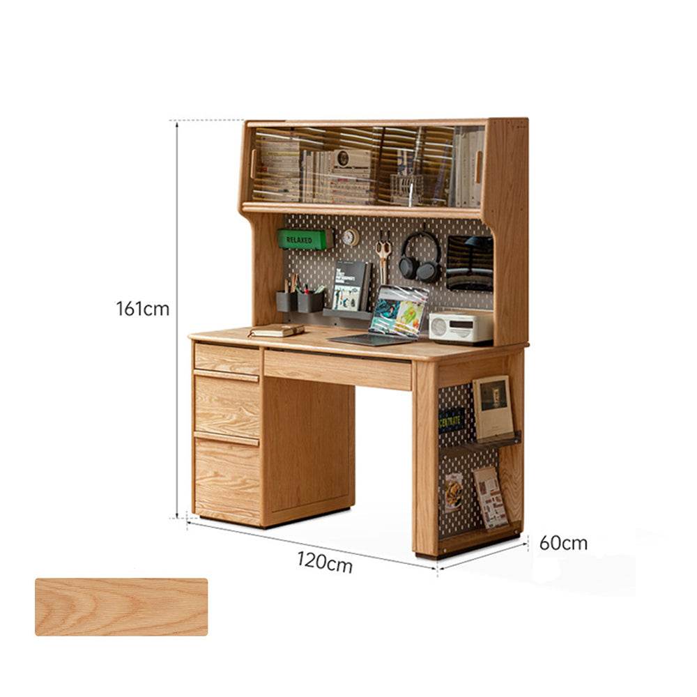 Oliveri natural solid oak desk with hutch, drawers, pegboard and glass cabinet in a home office setting