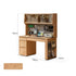 Oliveri natural solid oak desk with hutch, drawers, pegboard and glass cabinet in a home office setting