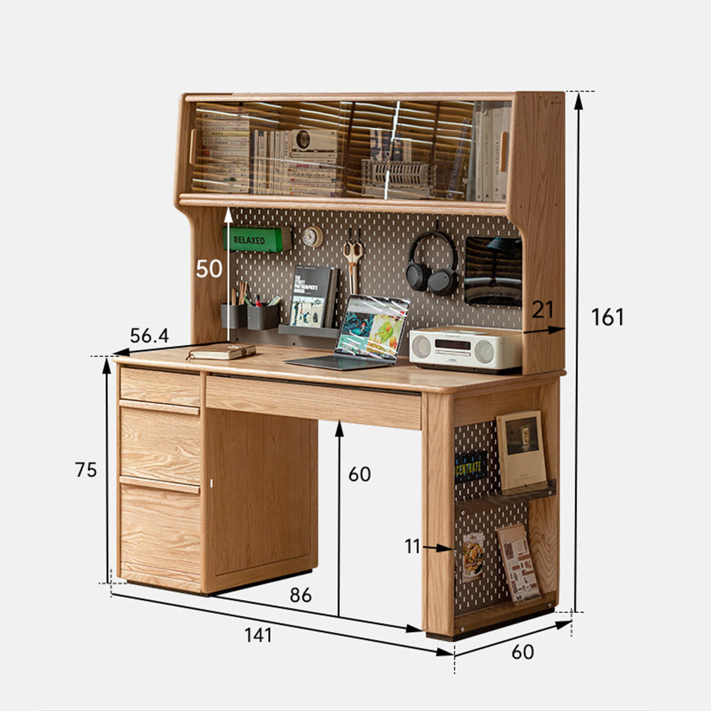 Oliveri natural solid oak desk with hutch, drawers, pegboard and glass cabinet in a home office setting