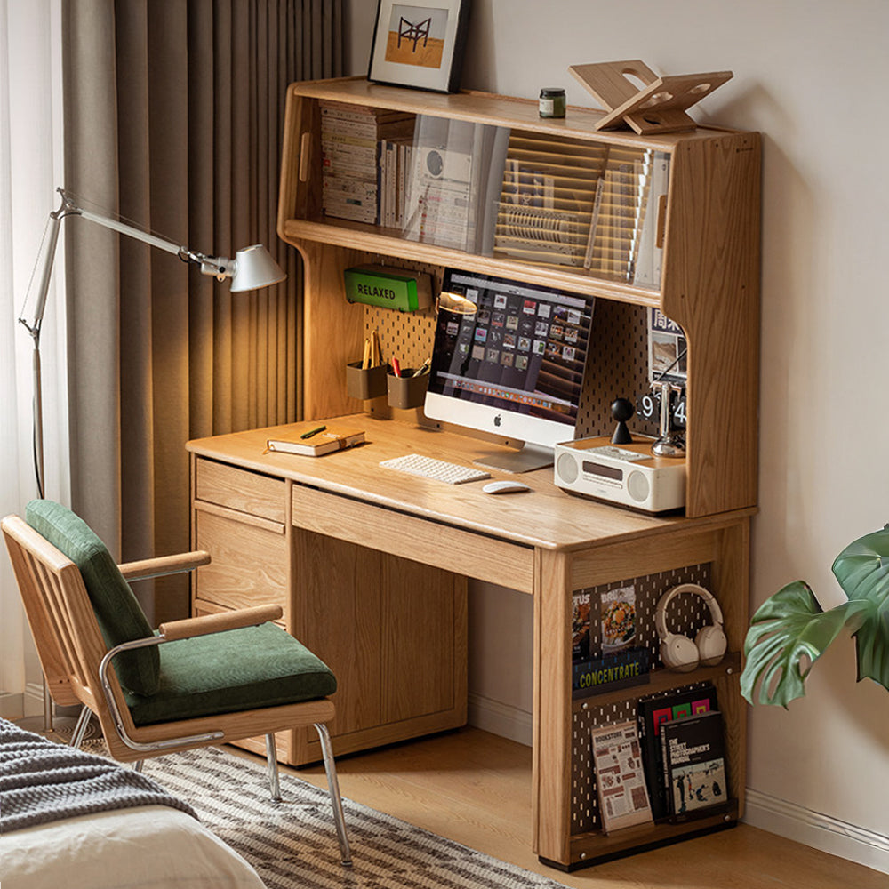 Oliveri natural solid oak desk with hutch, drawers, pegboard and glass cabinet in a home office setting
