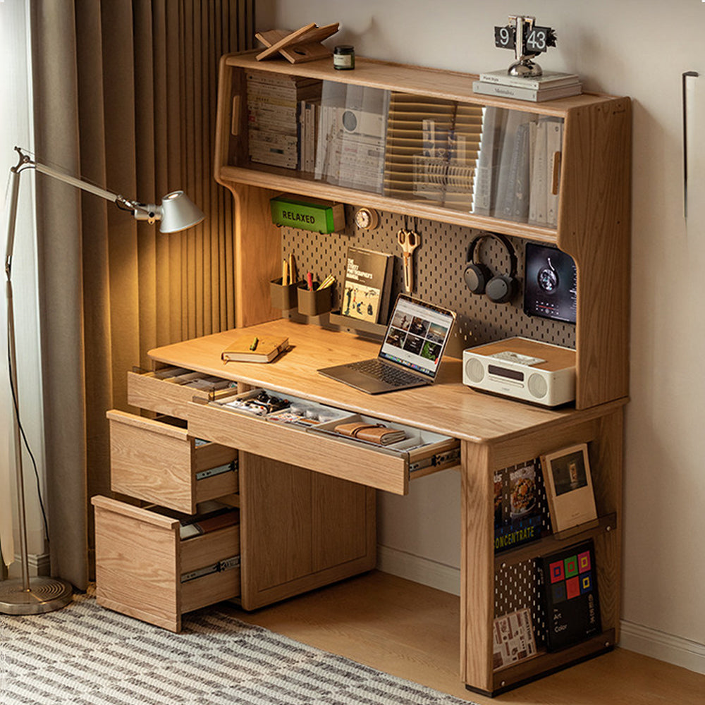 Oliveri natural solid oak desk with hutch, drawers, pegboard and glass cabinet in a home office setting