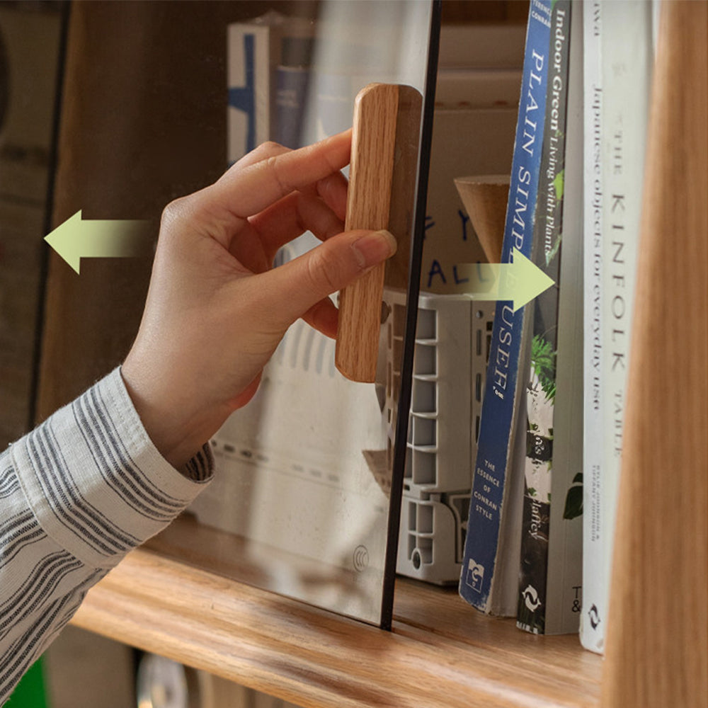 Oliveri natural solid oak desk with hutch, drawers, pegboard and glass cabinet in a home office setting