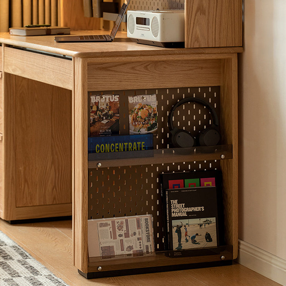 Oliveri natural solid oak desk with hutch, drawers, pegboard and glass cabinet in a home office setting