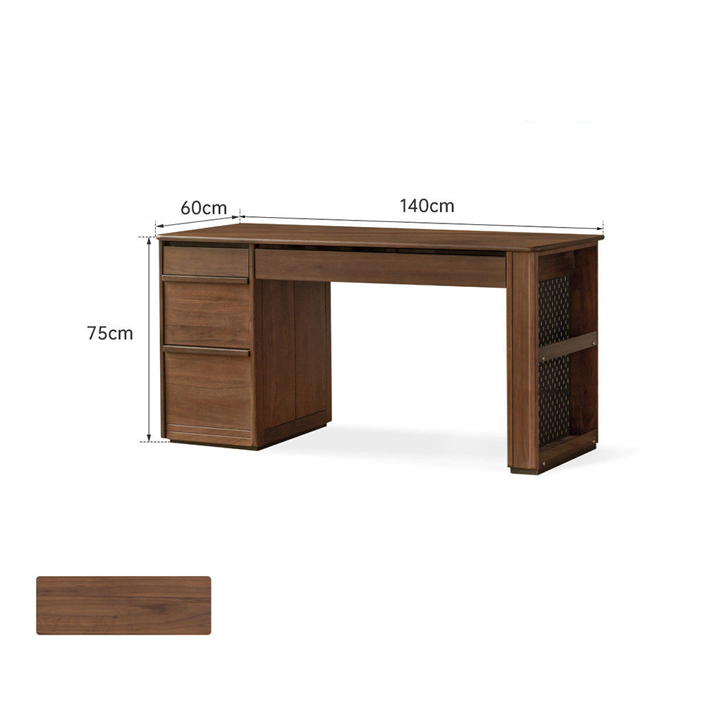 Oliveri walnut study desk with drawers and side magazine rack.