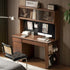 Oliveri solid walnut desk with hutch, drawers, pegboard and glass cabinet in a home office setting