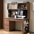 Oliveri solid walnut desk with hutch, drawers, pegboard and glass cabinet in a home office setting