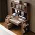 Oliveri solid walnut desk with hutch, drawers, pegboard and glass cabinet in a home office setting