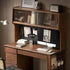 Oliveri solid walnut desk with hutch, drawers, pegboard and glass cabinet in a home office setting