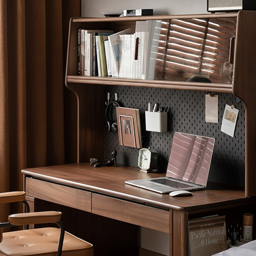 Oliveri solid walnut desk with hutch, drawers, pegboard and glass cabinet in a home office setting