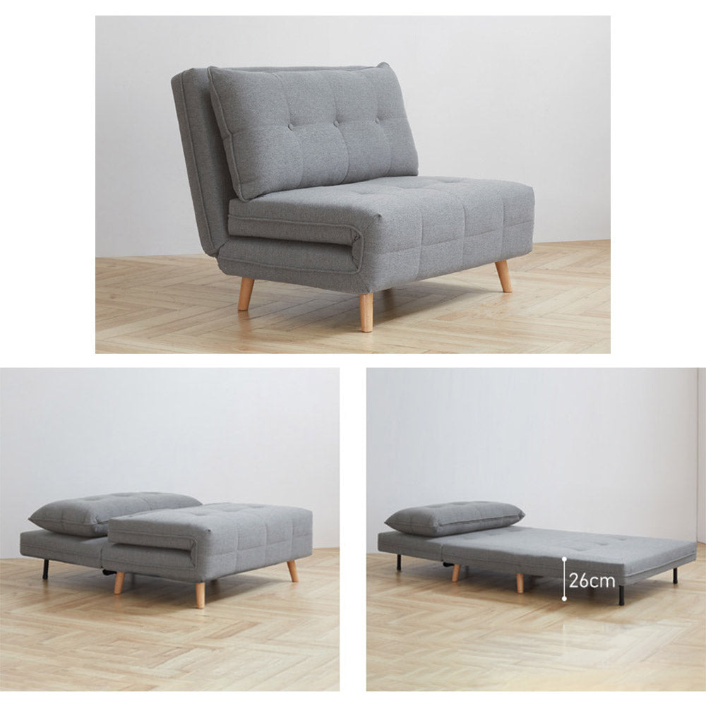Orune fabric sofa bed shown as sofa, chaise longue and single bed in a modern living space.
