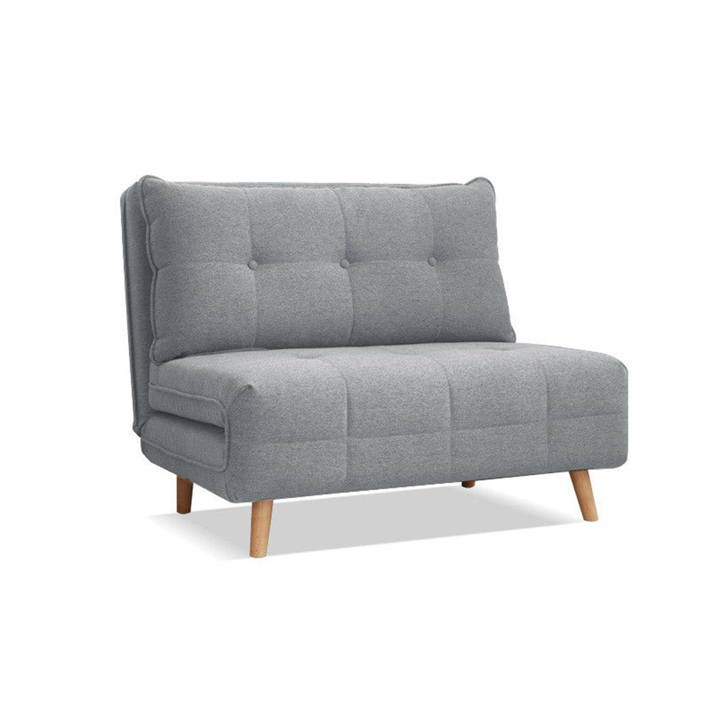Orune compact fabric sofa bed with adjustable backrest, polyester upholstery and beech wood legs.