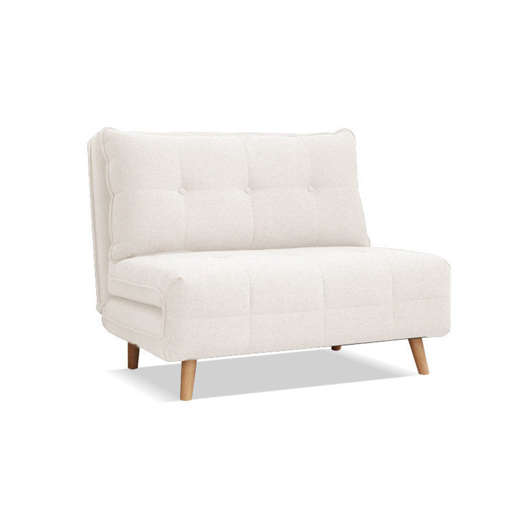 Orune compact fabric sofa bed with adjustable backrest, polyester upholstery and beech wood legs.