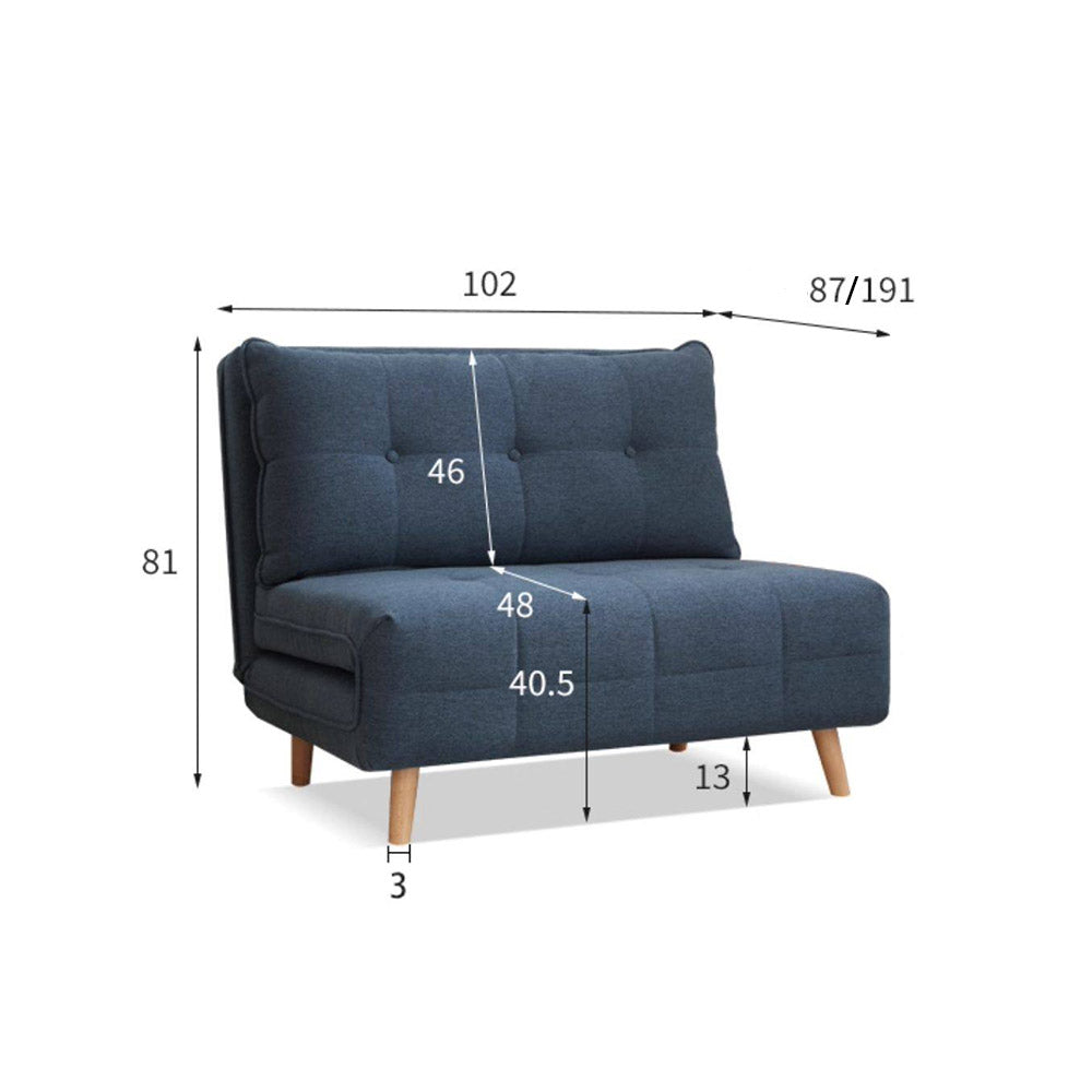 Orune compact fabric sofa bed with adjustable backrest, polyester upholstery and beech wood legs.