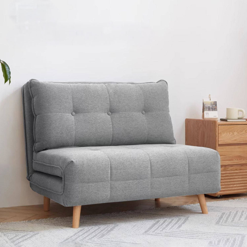 Orune compact fabric sofa bed with adjustable backrest, polyester upholstery and beech wood legs.