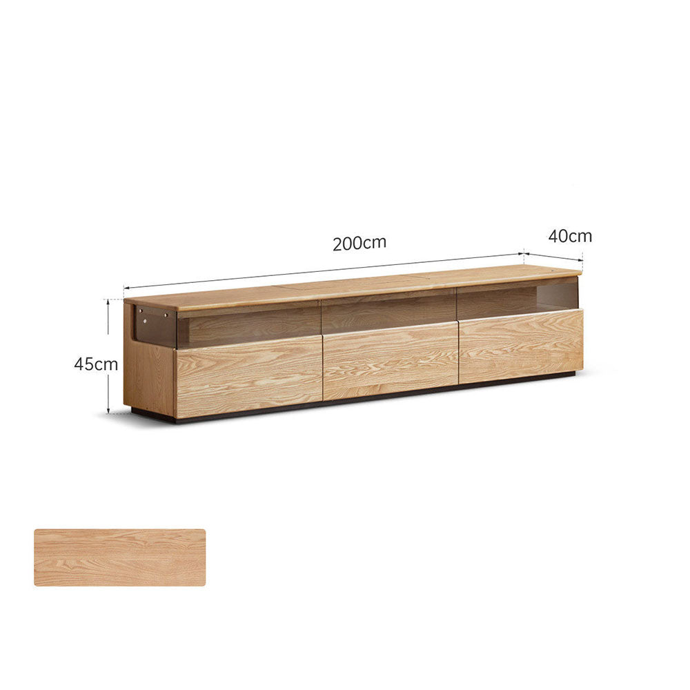 Osini natural solid ash entertainment unit with grey glass display shelf, built-in LED lighting and multiple drawers, styled as a modern floating TV cabinet.