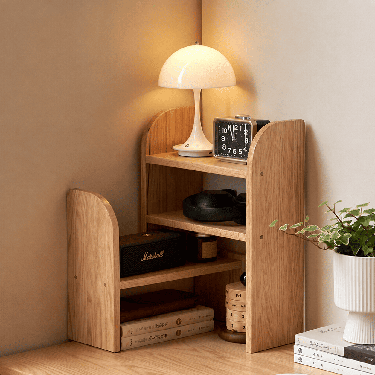 Light oak desktop bookshelf with open shelves for organising books, stationery, and small accessories