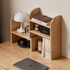 Modern wooden desktop organiser featuring three open shelves in a natural oak finish