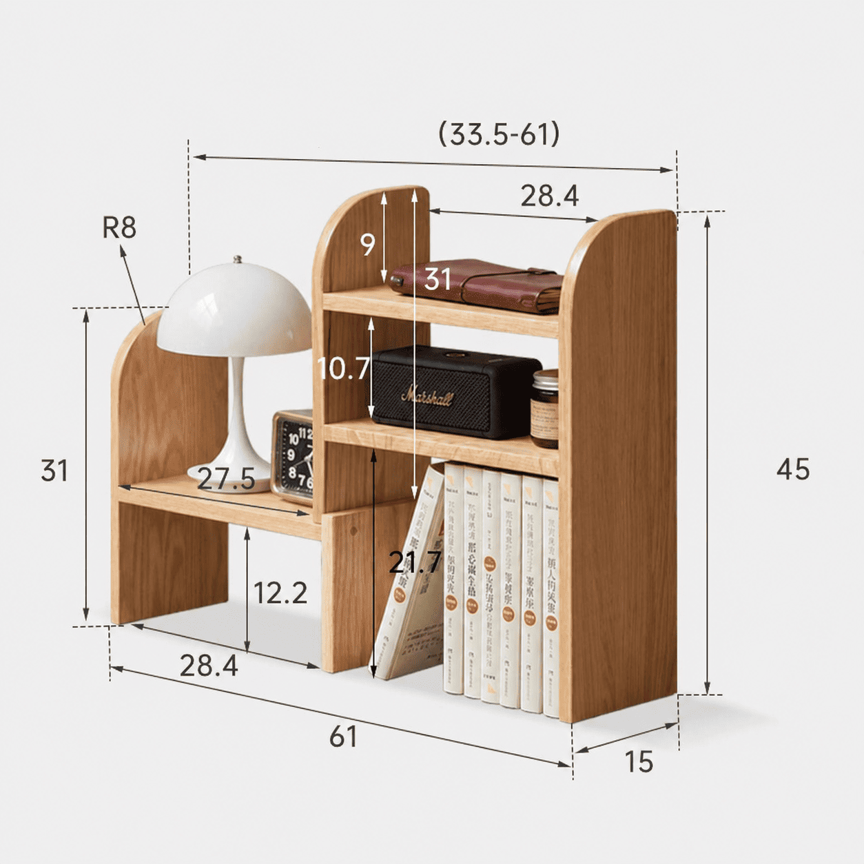 Scandinavian-style wooden desktop storage shelf with a natural oak finish and multiple open shelves