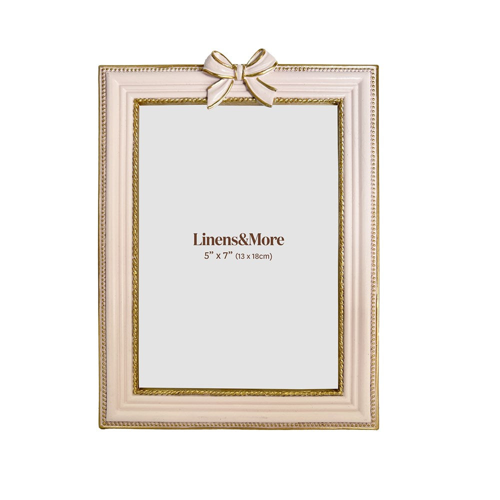 Pink and gold ribbon photo frame with bow detail for 5 x 7 inch photos
