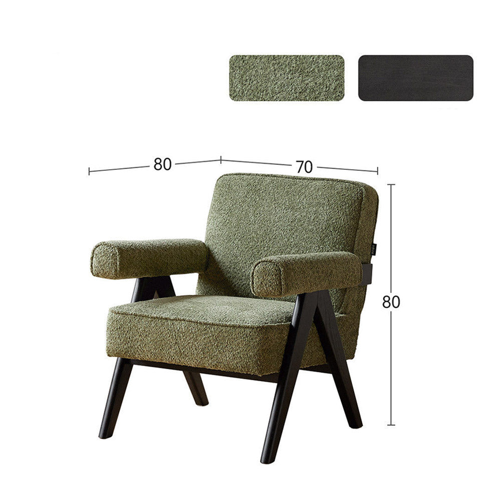 Polino faux shearling leisure sofa chair in green with warm-toned beech wood frame