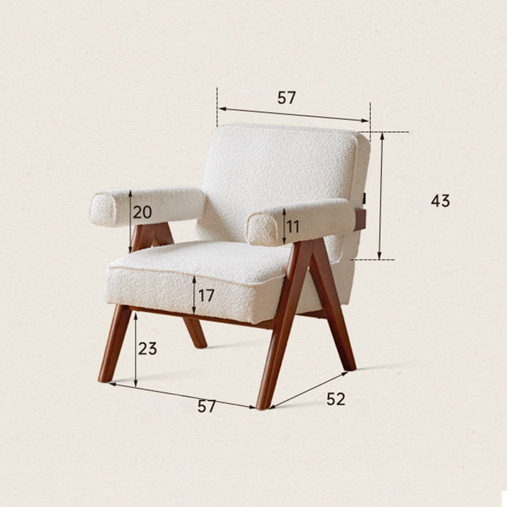 Polino faux shearling leisure sofa chair in white with warm-toned beech wood frame