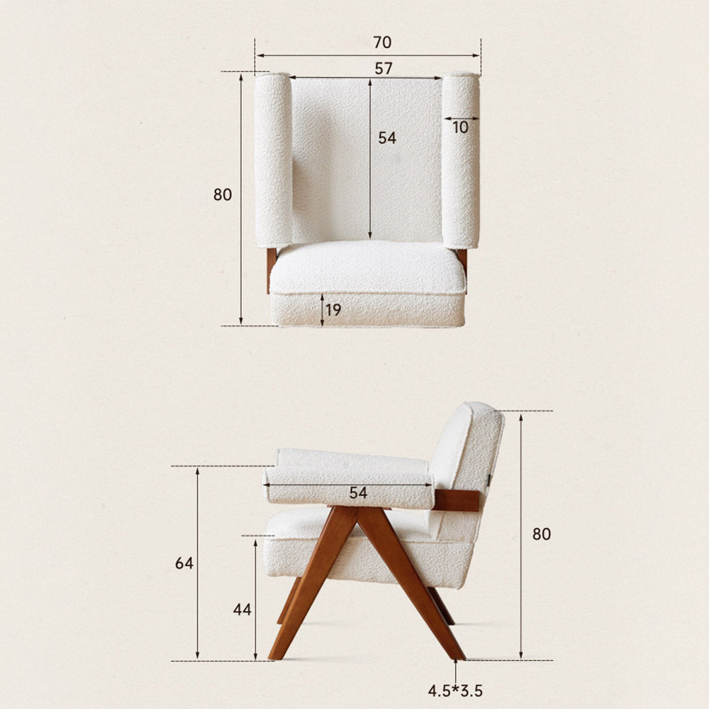 Polino faux shearling leisure sofa chair in white with warm-toned beech wood frame