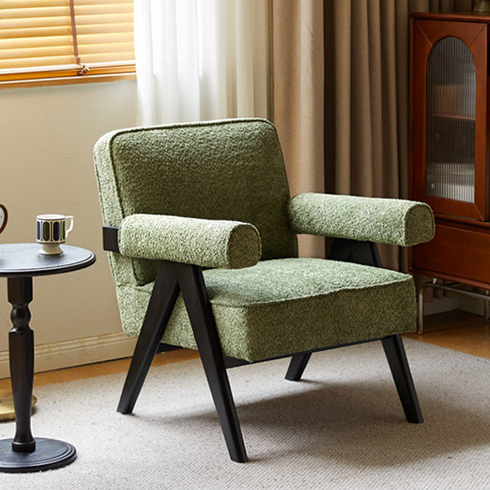 Polino faux shearling leisure sofa chair in green with warm-toned beech wood frame