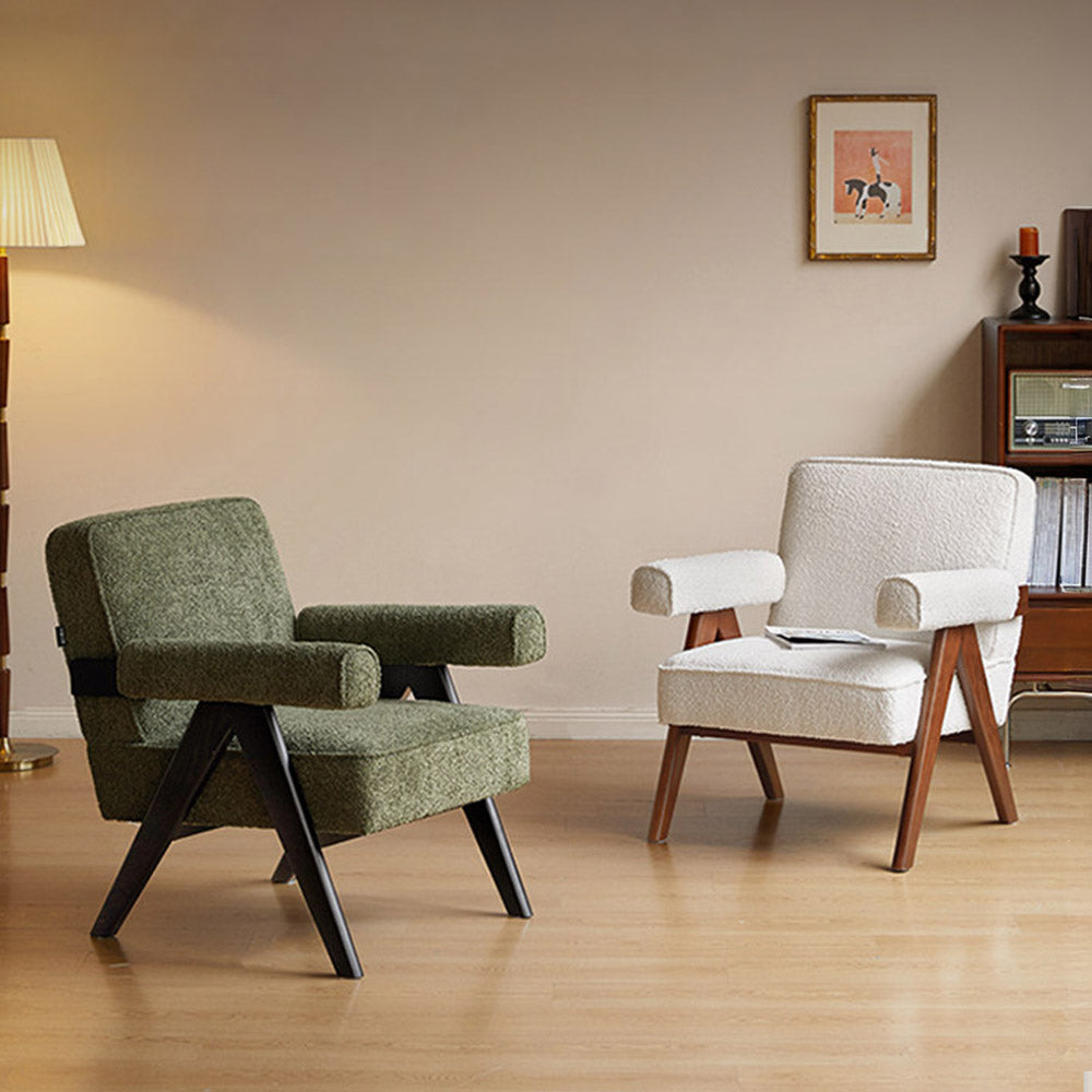 Polino faux shearling leisure sofa chair in white & green with warm-toned beech wood frame