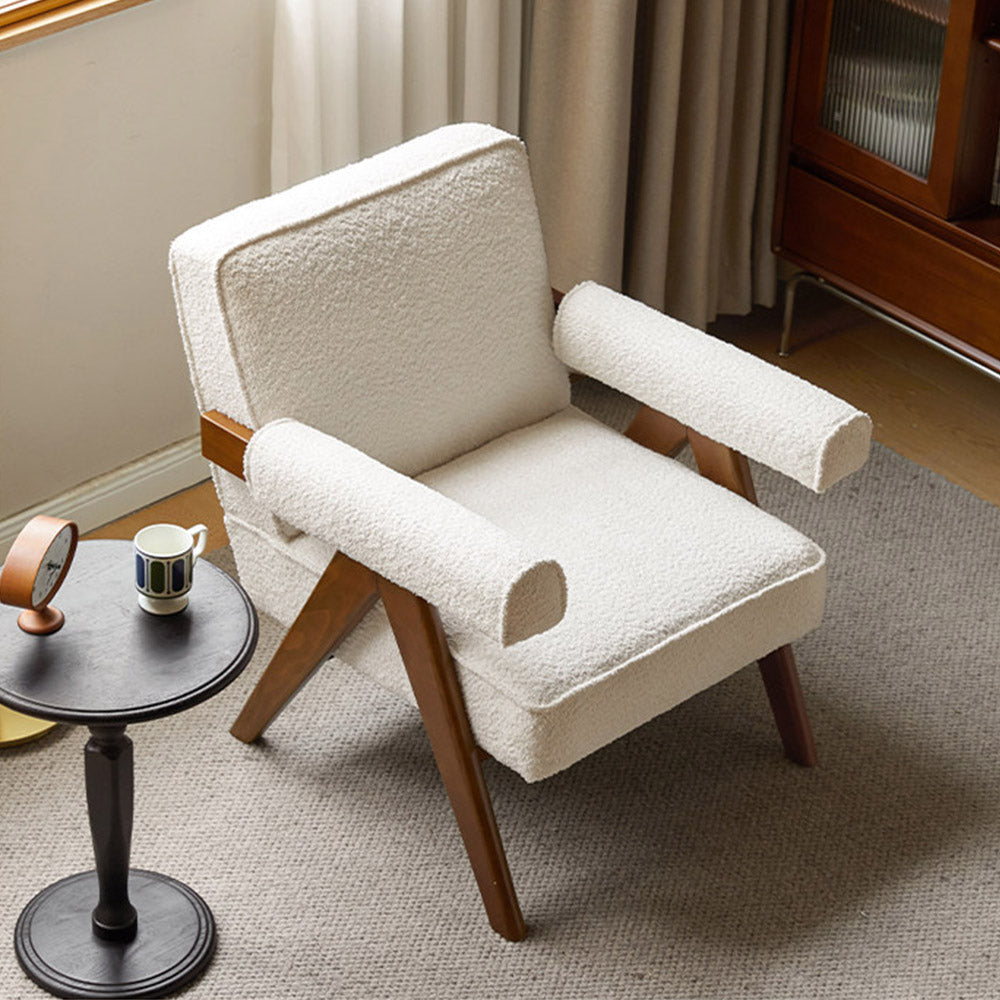 Polino faux shearling leisure sofa chair in white with warm-toned beech wood frame