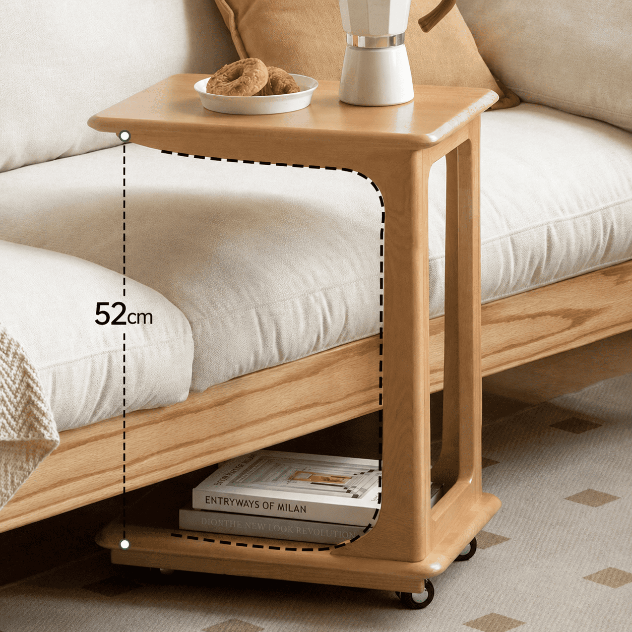 Modern wooden C-shaped side table with caster wheels and a lower storage shelf