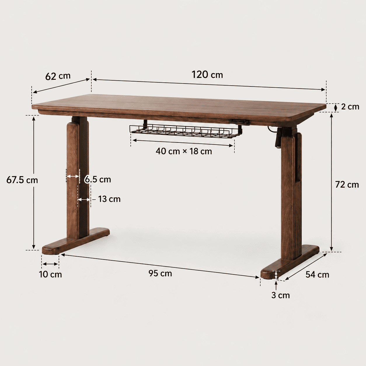Prunus electric height adjustable desk leg detail with walnut wood cover and black lifting column