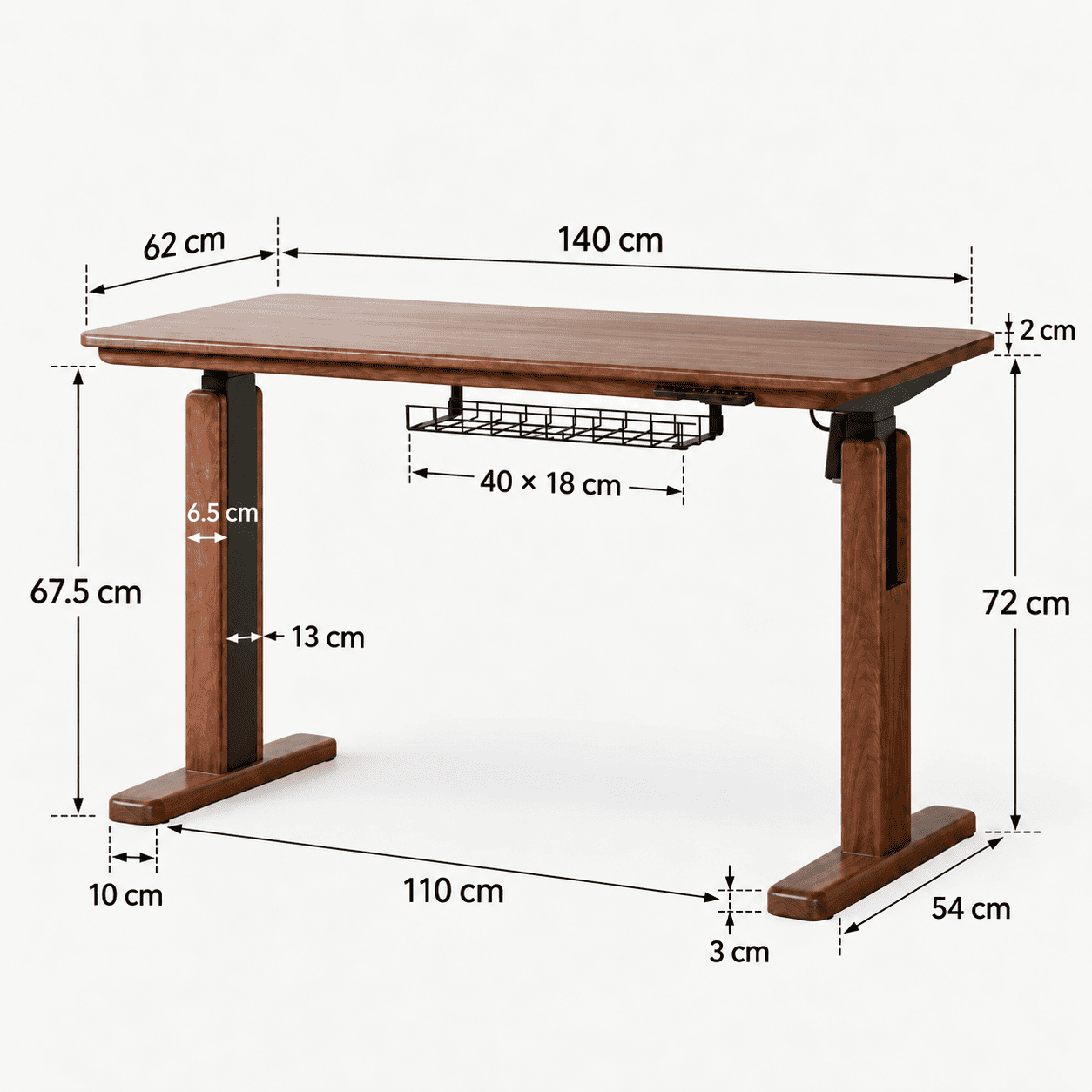 Prunus 120cm natural solid walnut electric height adjustable computer desk dimension image with cable tray and lifting frame