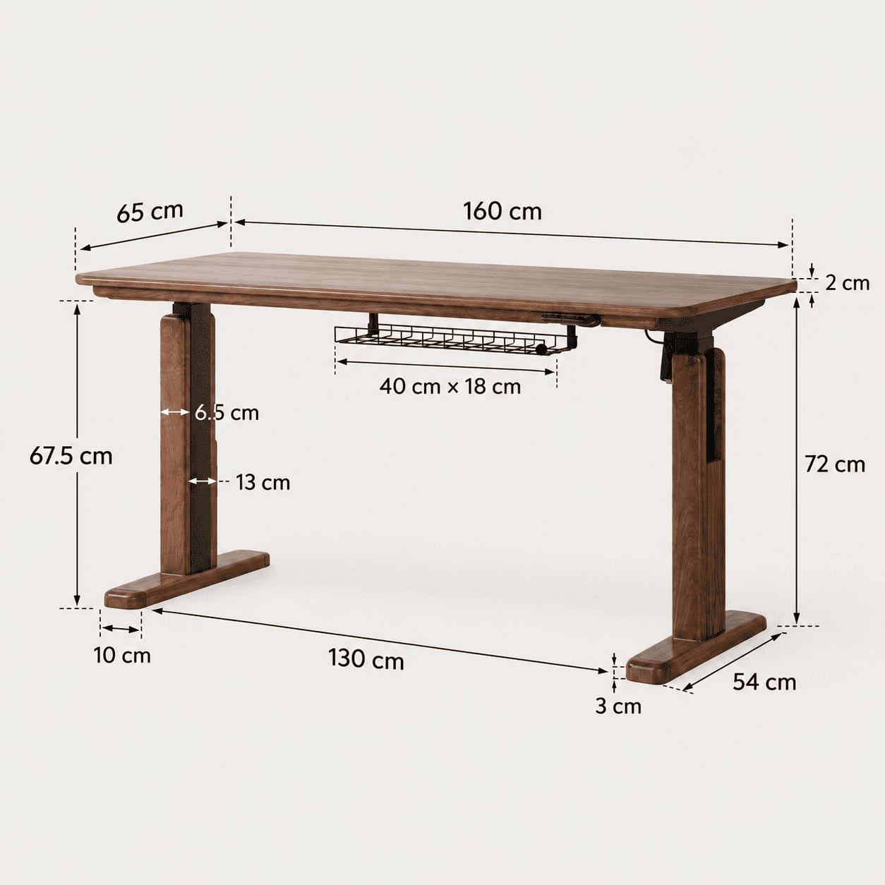 Prunus 140cm natural solid walnut electric height adjustable computer desk dimension image showing 140cm width, 62cm depth and 72cm height