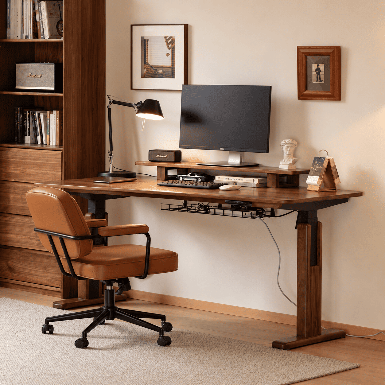 Prunus solid walnut electric height adjustable desk with monitor shelf, cable tray and office chair in a home workspace