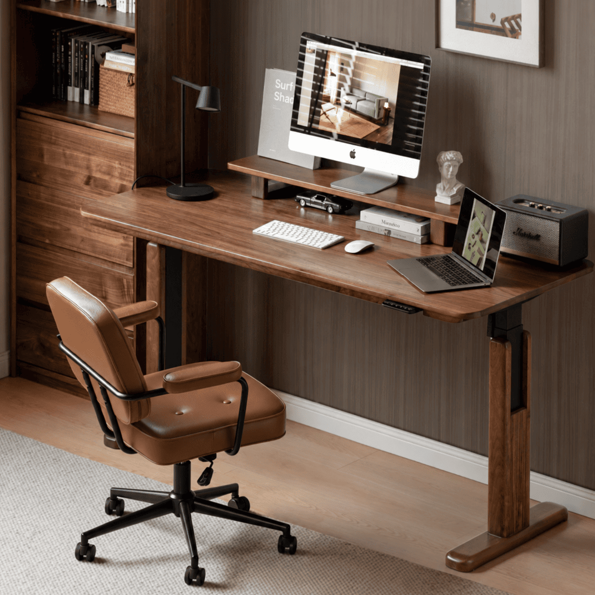 Prunus natural solid walnut sit stand computer desk with raised monitor shelf and black electric lifting legs